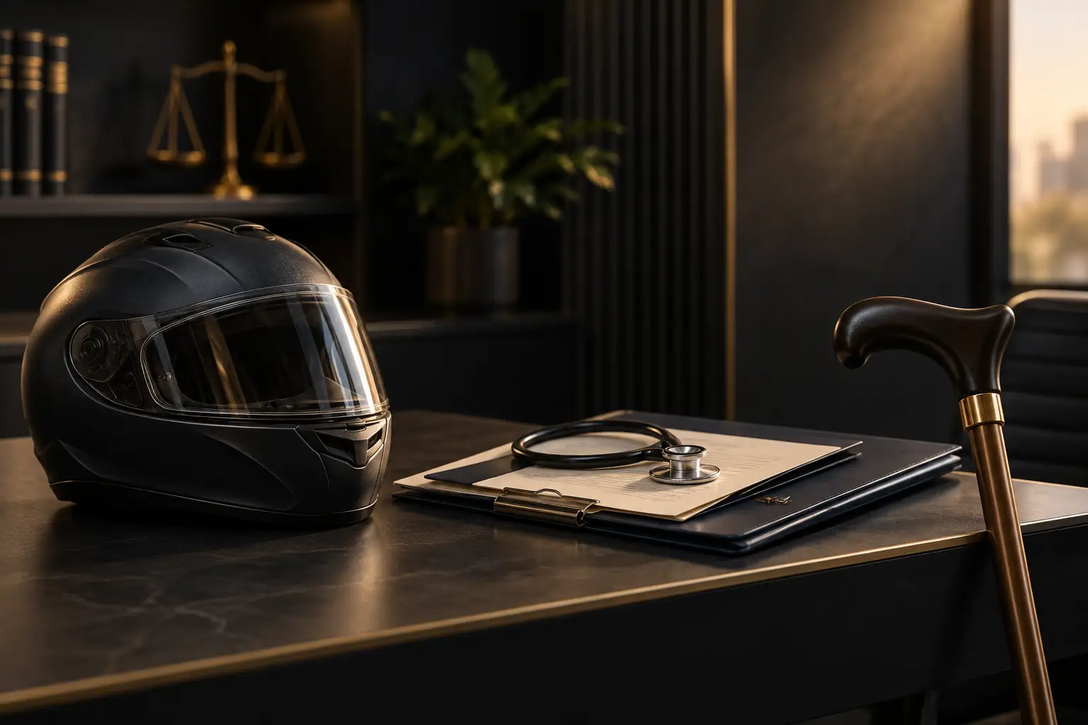 Ilustração de capacete de moto, pasta de documentos médicos e bengala sobre uma mesa.