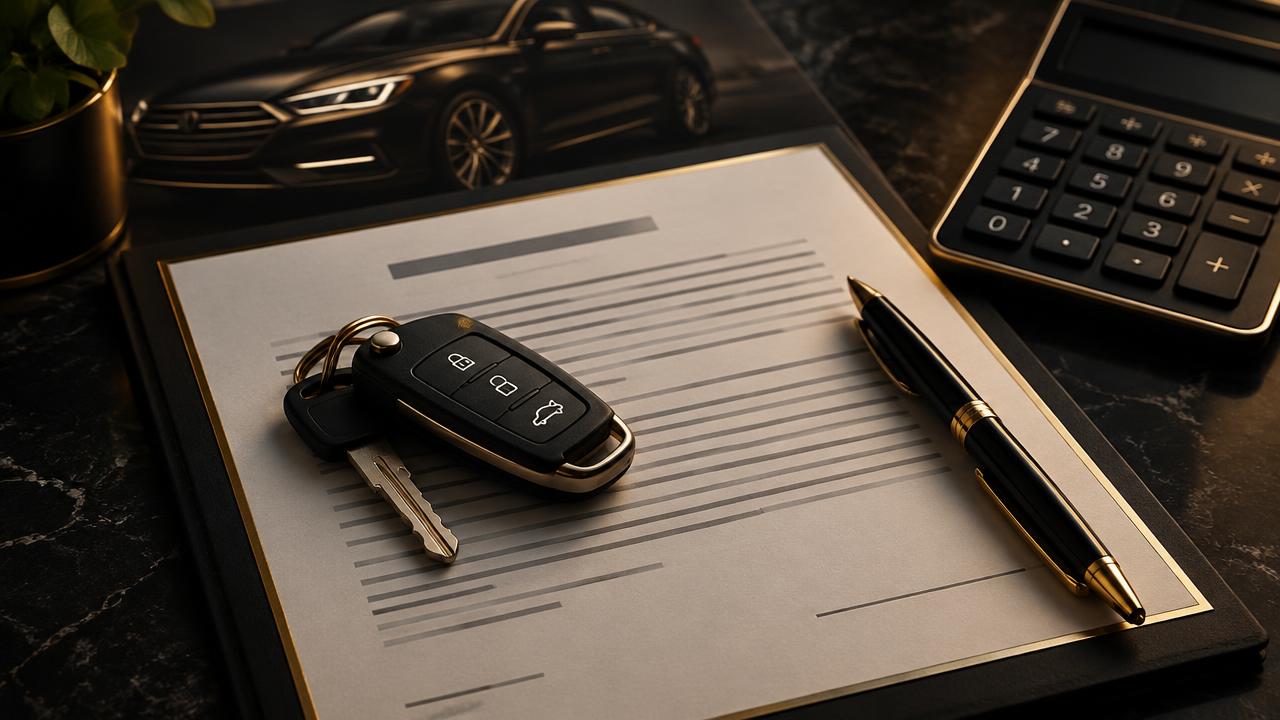Chave de carro sobre um contrato de financiamento, ao lado de caneta e calculadora