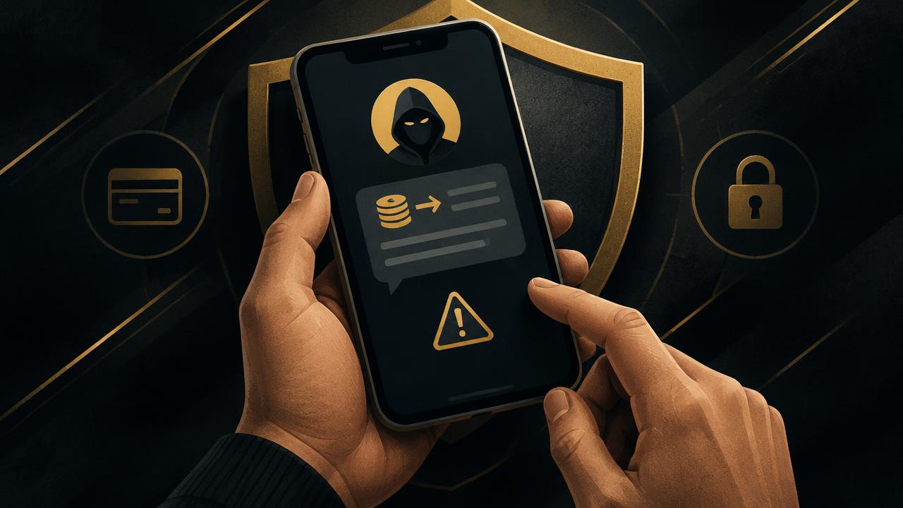 Mãos seguram um celular com uma mensagem suspeita de pedido de pagamento